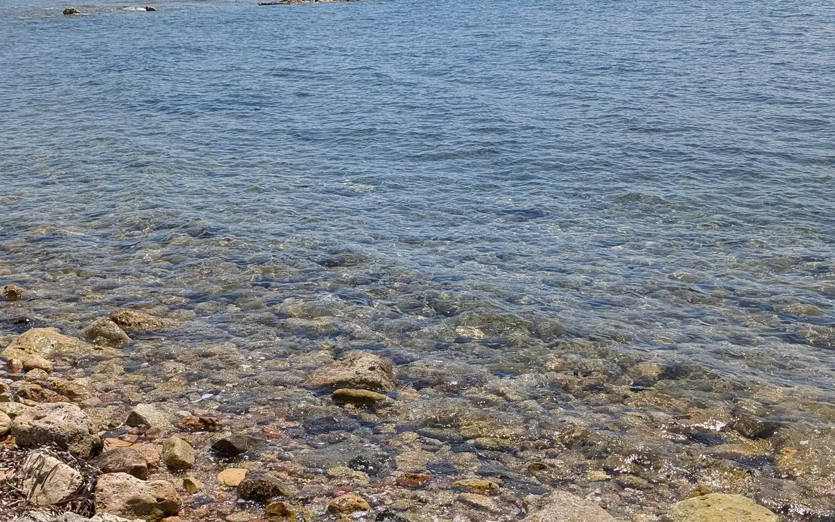 Klares, flaches Wasser über einem steinigen Ufer auf Aegina