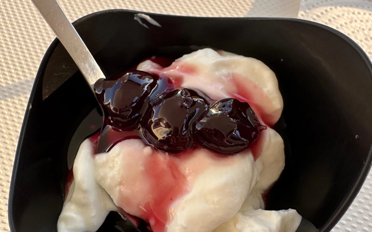 A bowl of thick Greek yoghurt topped with dark cherry sauce